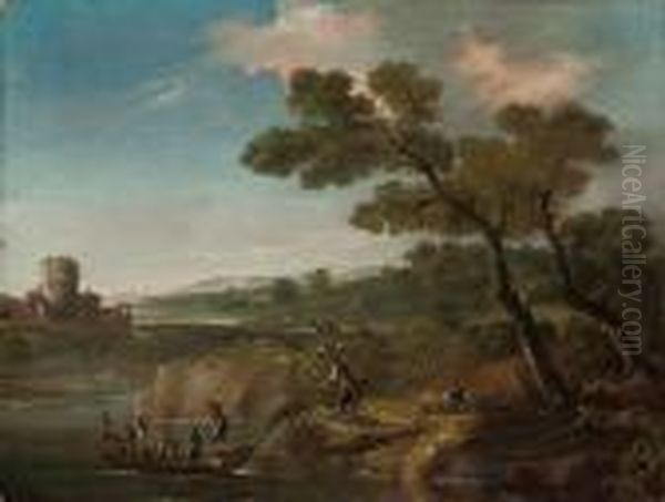 A Wooded River Landscape With Drovers At Rest And Figures In A Boat Oil Painting by Andrea Locatelli