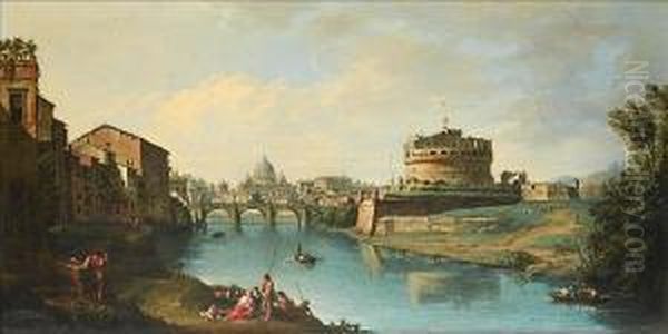 View Of The Tiber Looking 
Towards The Castel Sant'angelo, With Saint Peter's In The Distance Oil Painting by Andrea Locatelli