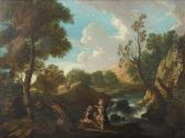 An Italianate Landscape With 
Classical Warriors Resting Beside A Waterfall, Travellers On A Path 
Beyond Oil Painting by Andrea Locatelli