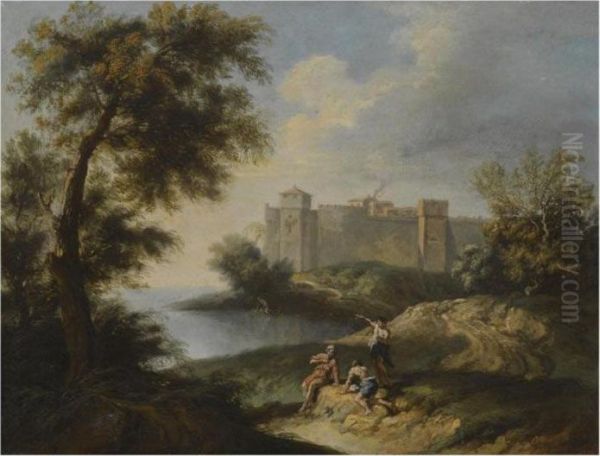 A Coastal Landscape With Figures In The Foreground And A Fortified Town Beyond Oil Painting by Andrea Locatelli