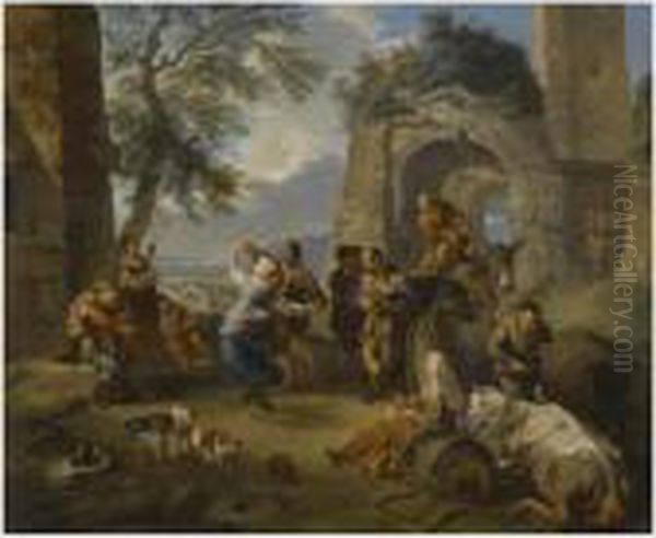 A Landscape With Peasants Dancing And Merrymaking Oil Painting by Andrea Locatelli