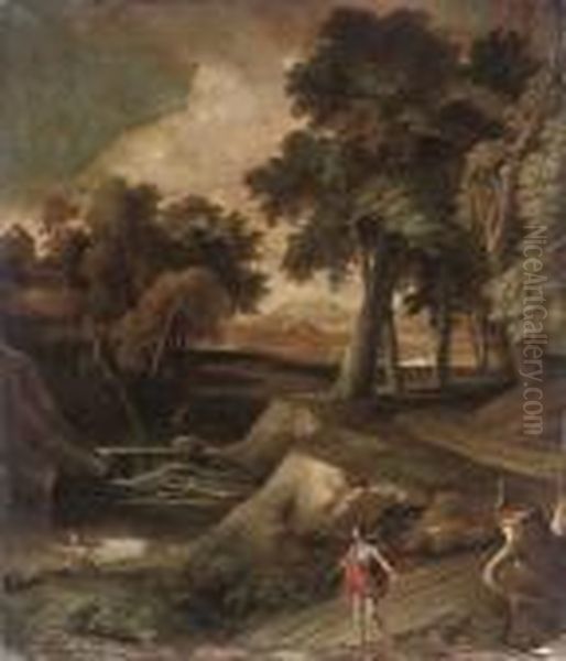 An Italianate Wooded River Landscape With A Fisheman On A Bank Anda Traveller On A Track Oil Painting by Andrea Locatelli