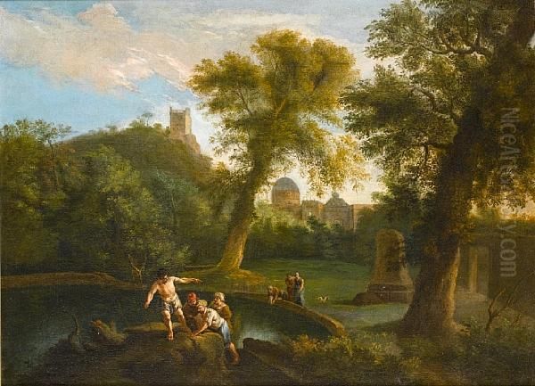 An Italianate Landscape With 
Washerwomen Andfigures Resting On Rocks Beside A Pool, A City In 
Thedistance Oil Painting by Andrea Locatelli