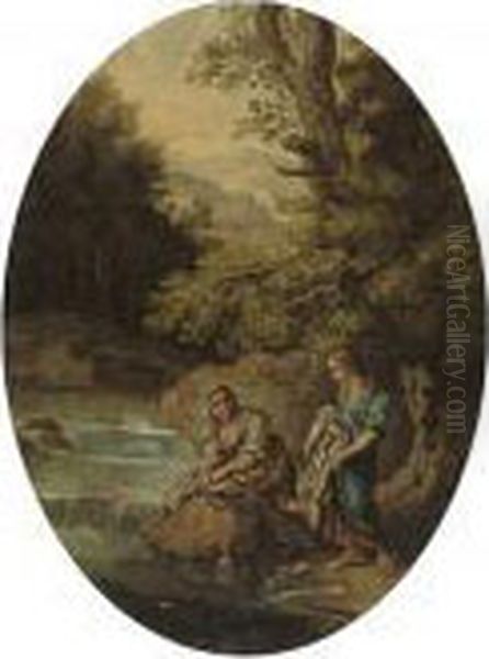 A Wooded River Landscape With Washerwomen On A Bank Oil Painting by Andrea Locatelli