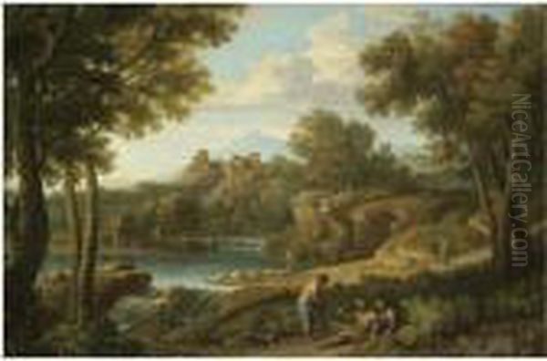 A Classical Landscape With Figures And A Herdsman Near Awaterfall, A Hilltop Fort Beyond Oil Painting by Andrea Locatelli