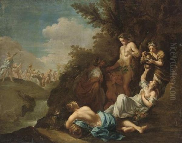 A Wooded River Landscape With Drunken Silenus On A Donkey, A Retinue Beyond Oil Painting by Andrea Locatelli