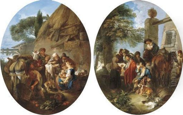 Peasants Eating And Drinking By A
 Cottage; And A Hunting Party Resting In A Wooded Landscape Oil Painting by Andrea Locatelli