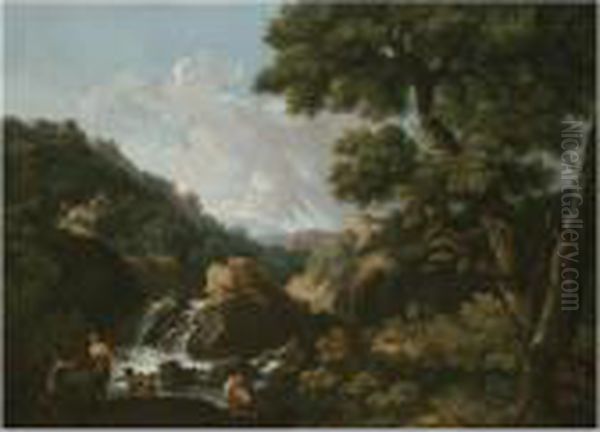 A Wooded River Landscape With Fishermen Oil Painting by Andrea Locatelli