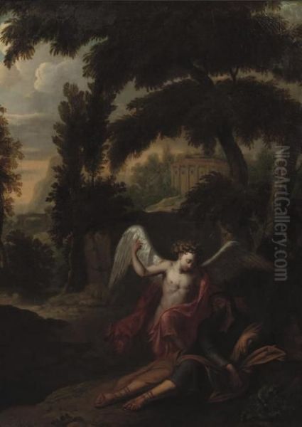 The Angel Visiting Jacob In A Wooded Landscape Oil Painting by Andrea Locatelli