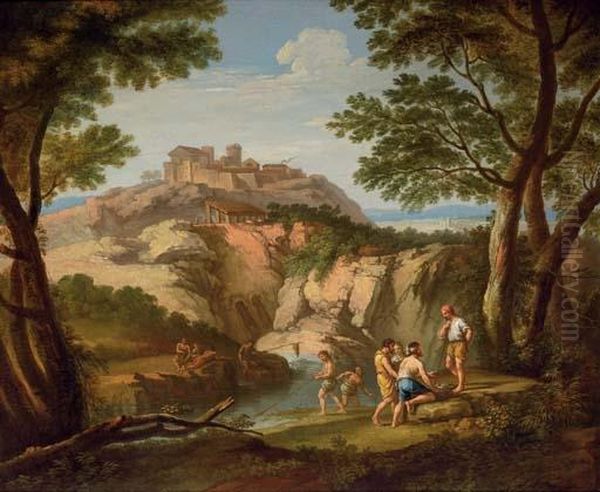 An Italianate River Landscape With Fishermen In The Foreground And A Hill Town Beyond Oil Painting by Andrea Locatelli