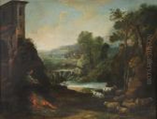 An Italianate Landscape With A Shepherdess Resting With Her Flock Beside A River Oil Painting by Andrea Locatelli