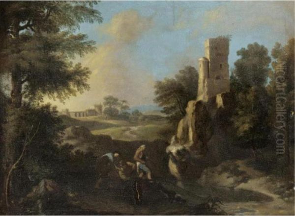 Landscape With Fishermen Near A Ruined Tower Oil Painting by Andrea Locatelli