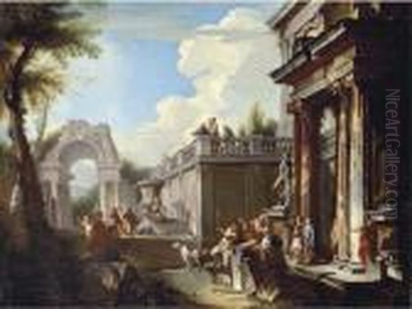 A Capriccio Of Classical Ruins With Figures By A Temple Oil Painting by Andrea Locatelli