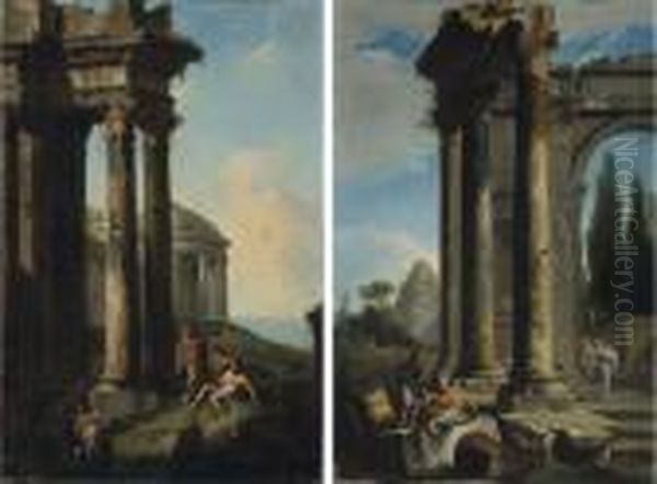 Paesaggio Con Rovine Antiche E Piramide; E Paesaggio Con Tempio Emarina In Lontananza Oil Painting by Andrea Locatelli