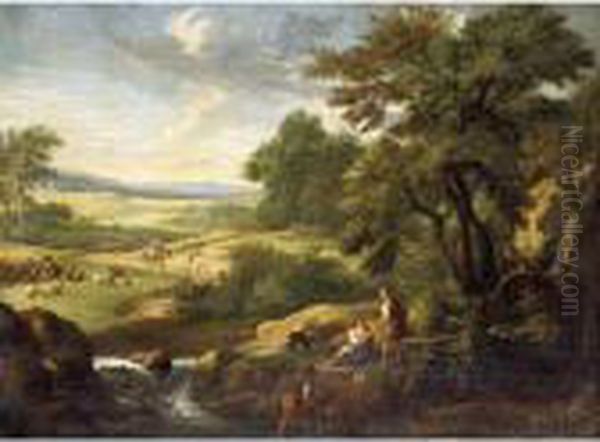 A Southern Landscape With 
Fishermen At The Edge Of A Brook, A Shepherd And Travellers Beyond by Andrea Locatelli