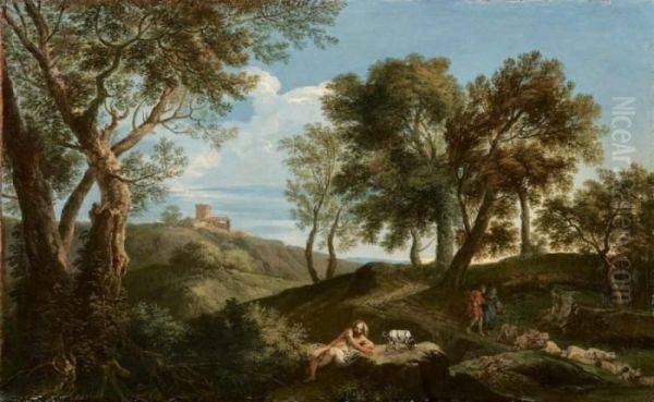 Paesaggio Collinare Con Viandanti E Mendicante (?) Oil Painting by Andrea Locatelli