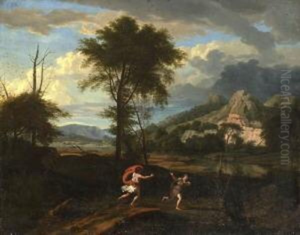 Apoll Und Daphne In Klassischer
 Landschaft - Klassische Landschaft Mit Hirtenpaar. Oil Painting by Andrea Locatelli