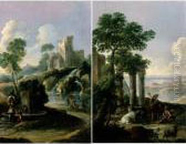 Landscapes With Shepherds And Other Figures Near Ruins And A Fountain Oil Painting by Andrea Locatelli