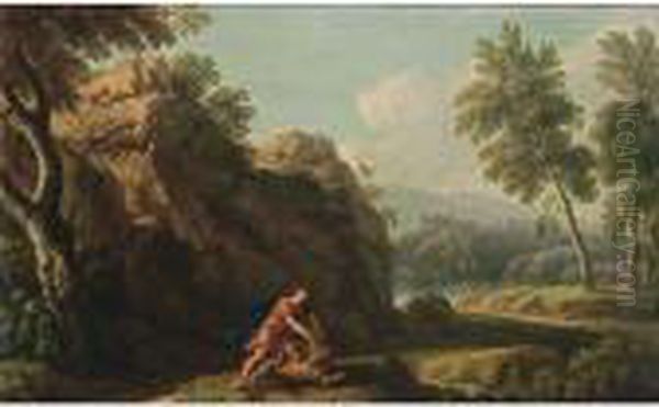 A Classical Landscape With Hercules Fighting The Nemean Lion Oil Painting by Andrea Locatelli