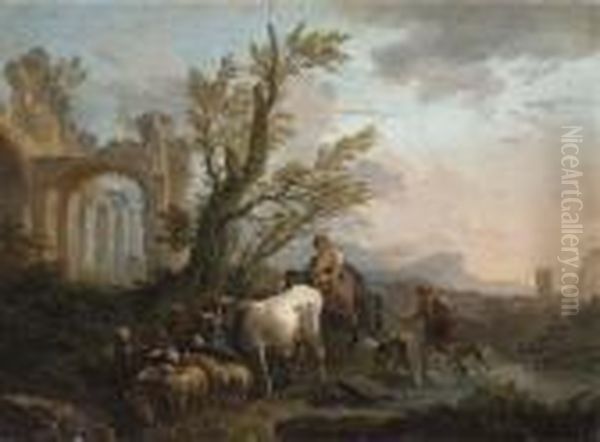 An Italianate River Landscape With A Peasant Family Travelling With His Goats And Cattle Oil Painting by Andrea Locatelli