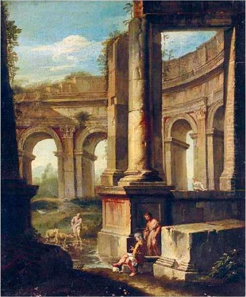 An Architectural Capriccio With Figures Amongst Ruins Oil Painting by Andrea Locatelli