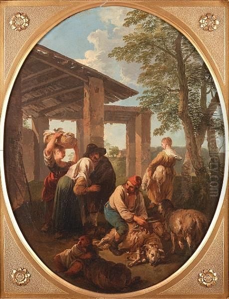 Peasants Sheep-shearing In An Italianate Landscape Oil Painting by Andrea Locatelli