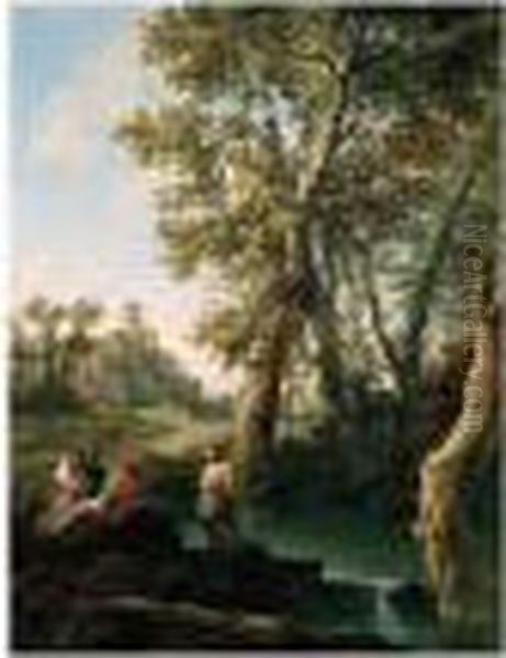 A Classical River Landscape With Fishermen And A Woman Resting By Rocks On A Bank Oil Painting by Andrea Locatelli