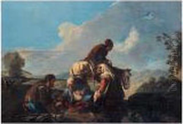 Travellers Playing Dice In A Landscape Oil Painting by Andrea Locatelli