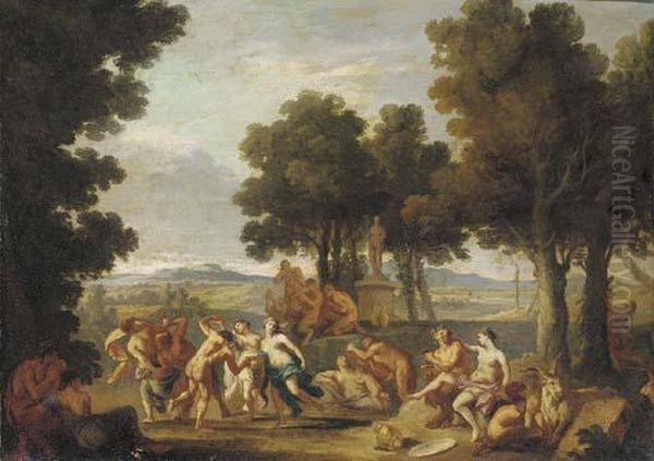 A Wooded Landscape With A Bacchanal Oil Painting by Andrea Locatelli