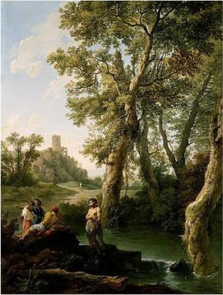 A Classical River Landscape With Fishermen And A Woman Resting By Rocks On A Bank Oil Painting by Andrea Locatelli