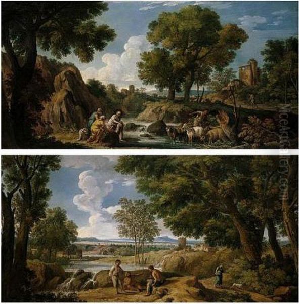 A Classical Landscape With Washerwomen And A Goat-herder By A River Oil Painting by Andrea Locatelli