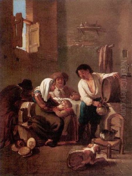 Domestic Interior With A Family Drinking Oil Painting by Andrea Locatelli