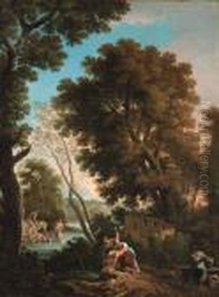 An Arcadian Landscape With 
Washerwomen, A Shepherd And Sheperdesscrossing A Stream Beyond Oil Painting by Andrea Locatelli