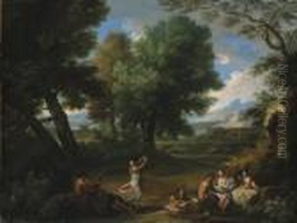 Nymphs And Satyrs In A Wooded Landscape Oil Painting by Andrea Locatelli