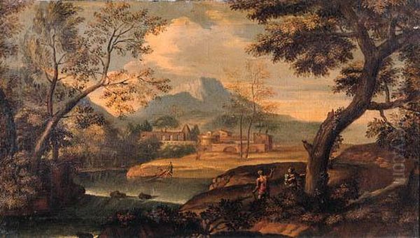 An Italianate River Landscape With Travellers On A Track Oil Painting by Andrea Locatelli