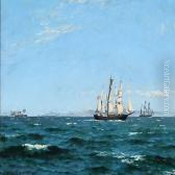 Seascape With Sailing Ships At Sea On A Cloudless Summer Day Oil Painting by Carl Locher