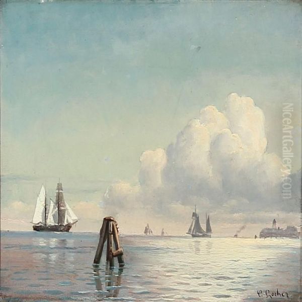 Seascape With Sailing Ships Near Trekroner Fortress, Copenhagen Oil Painting by Carl Locher