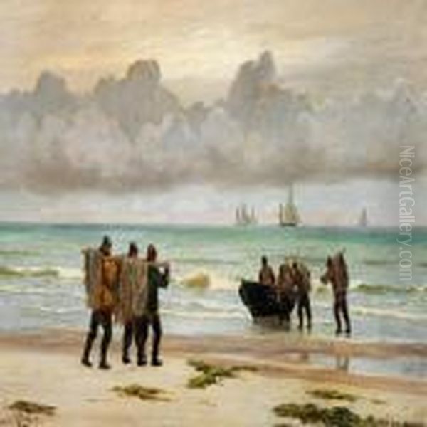 Fishermen On The Beach, Skagen Oil Painting by Carl Locher