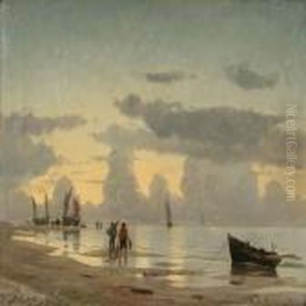 Early Morning On A Beach With Fishermen On Their Way To The Sea Oil Painting by Carl Locher