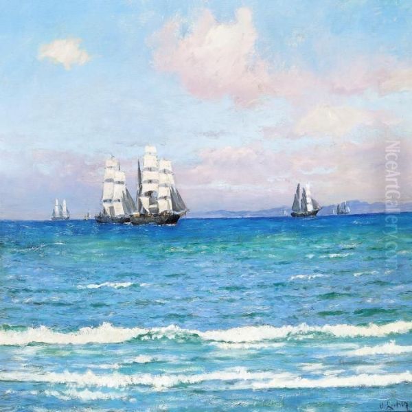 Seascape With Ships Off Kullen, Sweden Oil Painting by Carl Locher