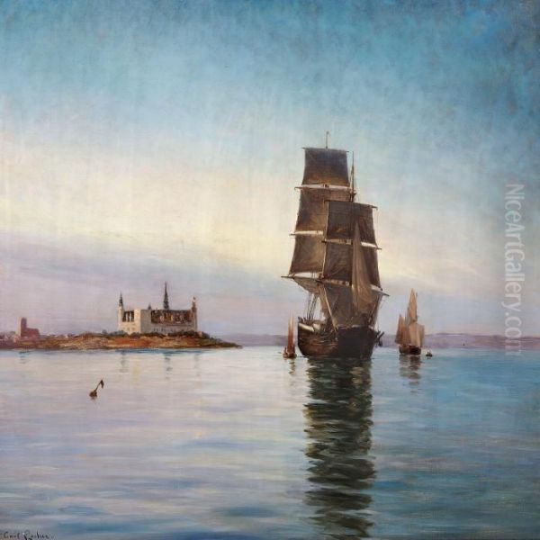 Sailing Ships Off Kronborg Castle Oil Painting by Carl Locher