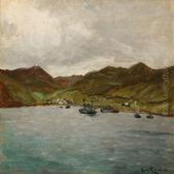 Coastal Scene With Ships In A Bay Oil Painting by Carl Locher