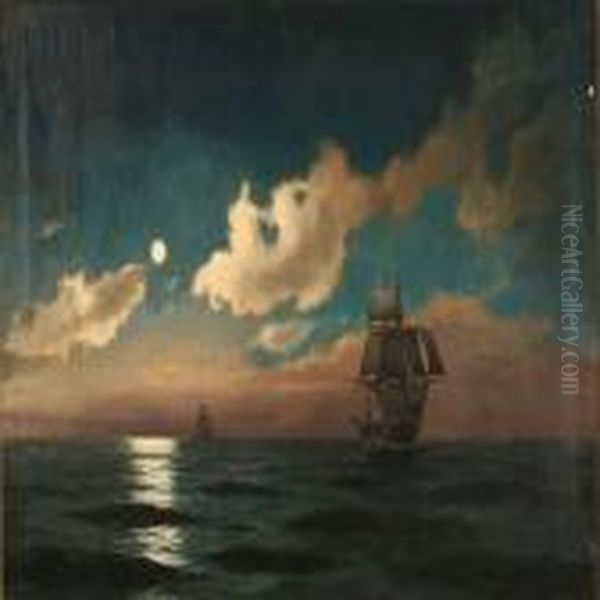 Seascape With Sailing Ships In The Moonlight Oil Painting by Carl Locher