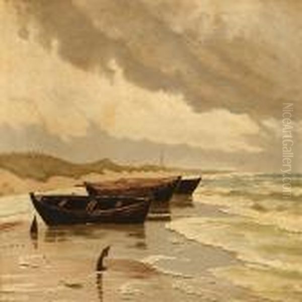 Fishingboats On Skagen Beach Oil Painting by Carl Locher