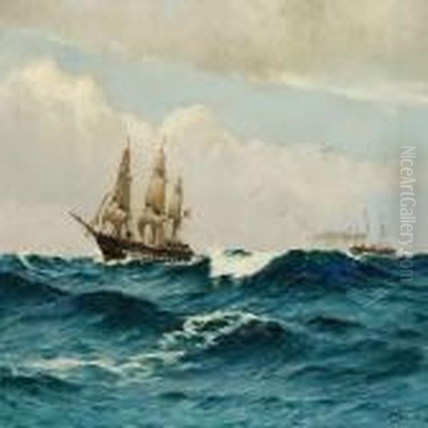 French Three-master And Danish Steamship At Sea Oil Painting by Carl Locher