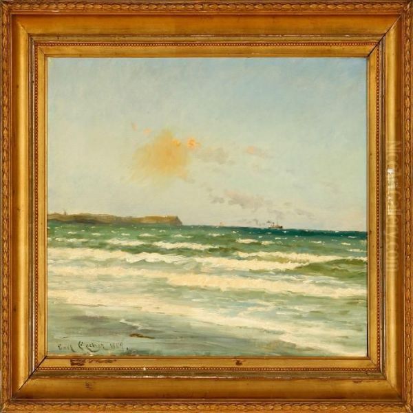 Coastal Scene With A Steamer In The Horizon Oil Painting by Carl Locher