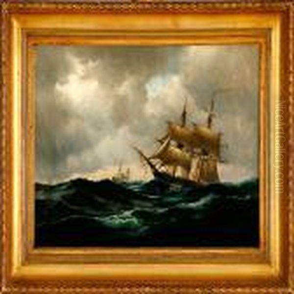 Marine With A French Brig In Heavy Sea Oil Painting by Carl Locher