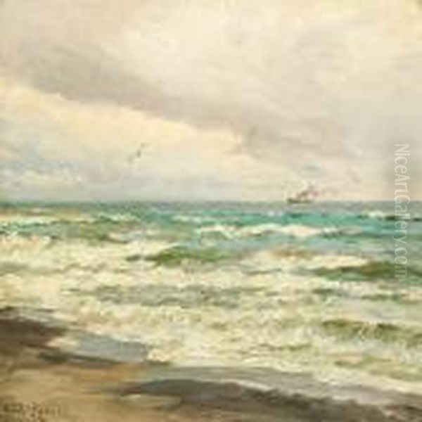 Seascape With A Steamer On The Horizon Oil Painting by Carl Locher