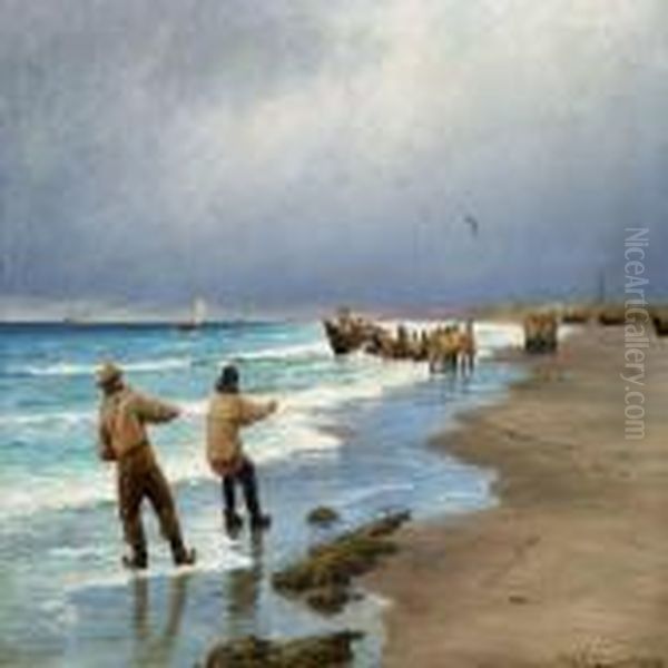 Fishermen On Skagen Beach Oil Painting by Carl Locher