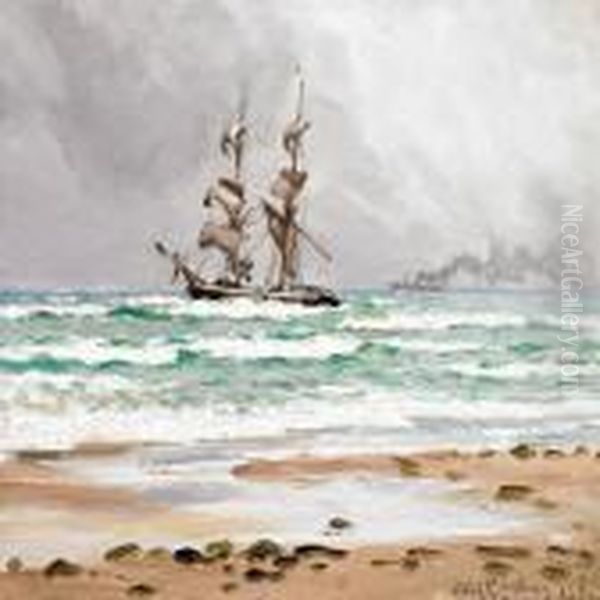 Strandet Brig, Tiltagende Kuling,skagen Nordstrand Oil Painting by Carl Locher